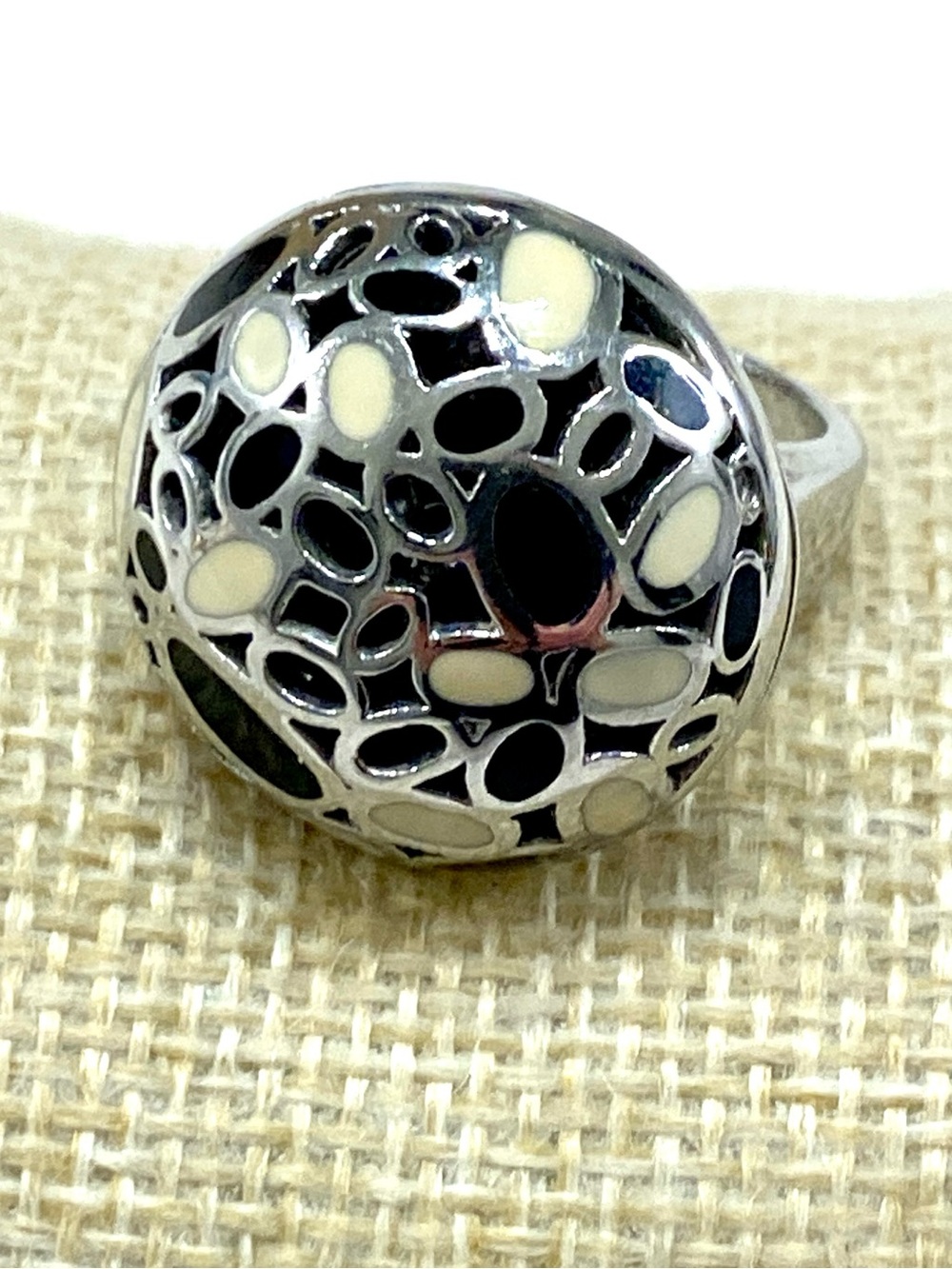 Stainless Steel Dome Ring with Cream and Black Enamel